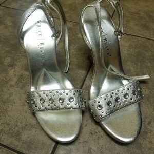 silver cork heel w/rhinestones and ankle strap